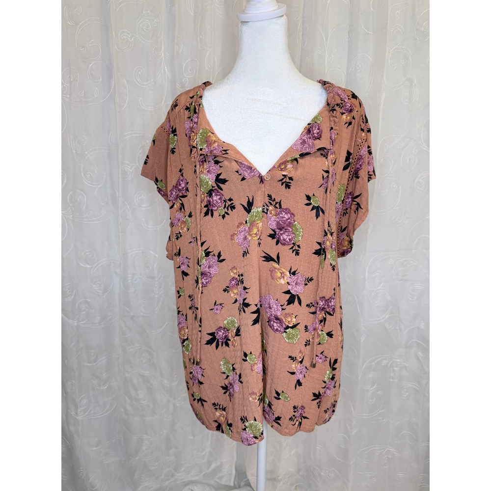 Buffalo David Bitton Floral Blouse XXL Terracotta Purple Lace Trim Tie Neck Top
